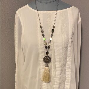 Chico's Pendant Necklace with Tassel Silver and Neutral Stones Adjustable Length